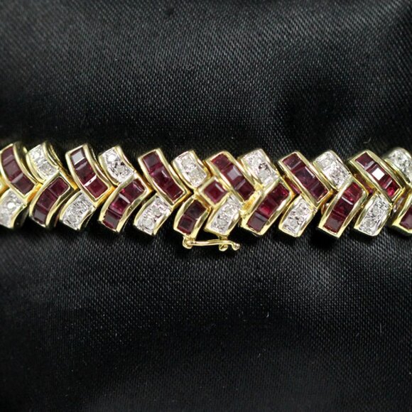 VINTAGE RUBY & DIAMOND COCKTAIL 14K YELLOW GOLD STRAP BRACELET 7 - Picture 6 of 10